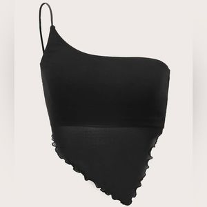 One Shoulder Lettuce Trim Mesh Top